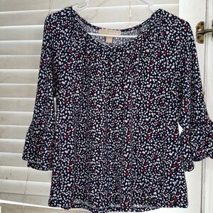 Michael Kors Navy Top with Red and White Heart Accents with Bell sleeves Sz M